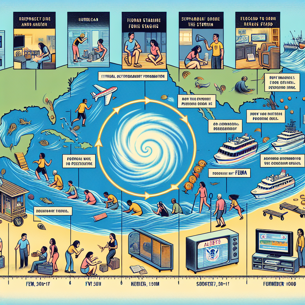 An illustration demonstrating the different stages of hurricane formation, from an initial disturbance in the Atlantic to a full-blown category 5 hurricane hitting the coast. Include depiction of a timeline with updates and alerts from FEMA marked at various stages, demonstrating the surge in preparations necessary as the storm intensifies. A variety of people of different genders and descents are seen taking various measures to prepare their homes and evacuate, while news outlets disseminate the alerts on TV, online, and radio platforms.