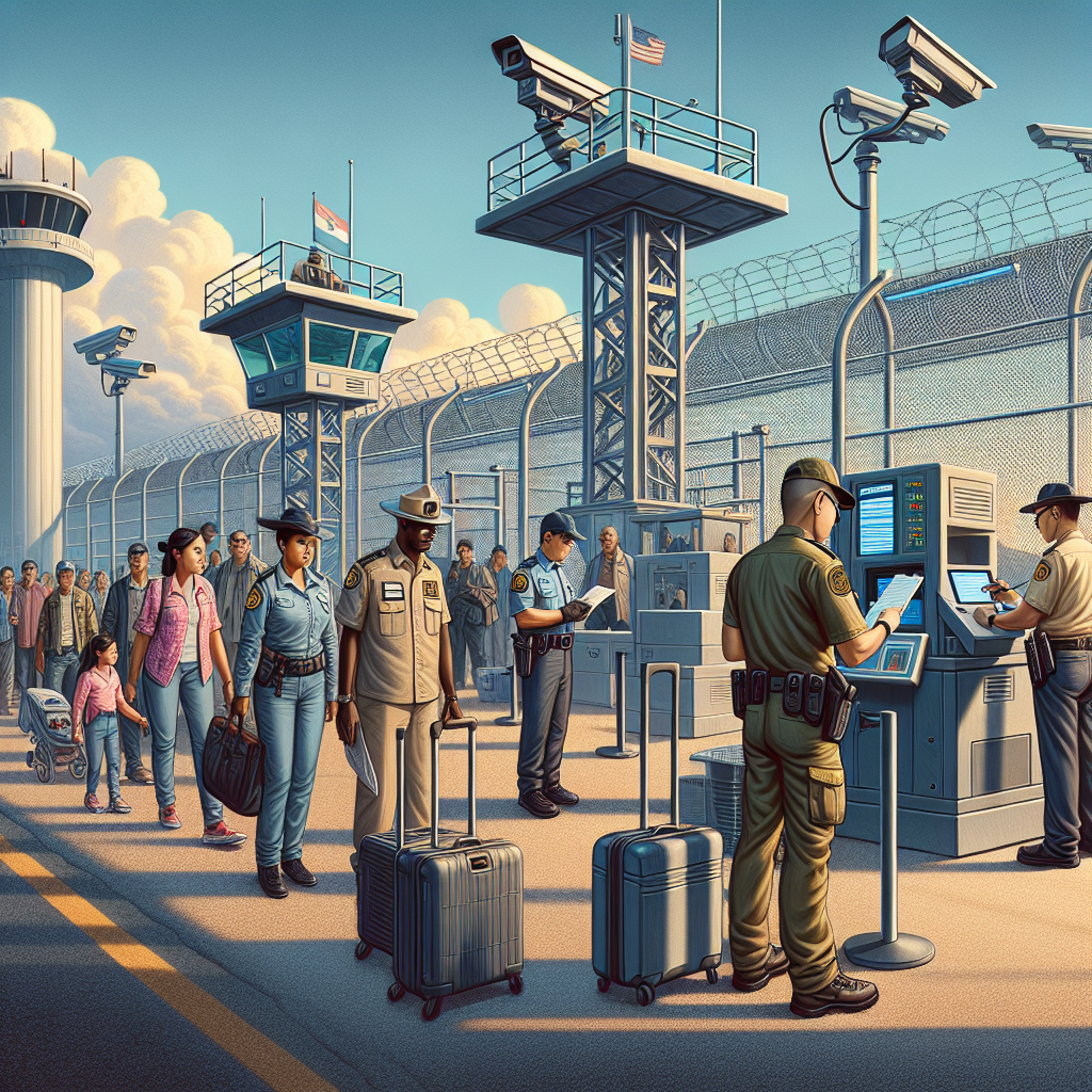 A detailed scene of a border crossing that showcases modern technology for improved security. The image includes a diverse set of security personnel including an African female officer checking the documents, an Asian male officer operating a state-of-the-art security scanning machine, and a Caucasian woman officer stationed near a high-tech surveillance camera. The background features towering surveillance towers with advanced tracking systems, a robust fencing structure, and an immigrant family from South America patiently waiting their turn for seamless security checks under a clear sky at day.
