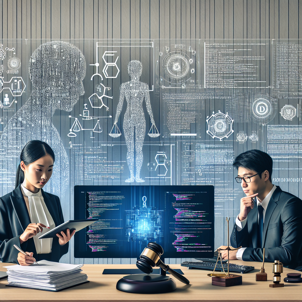 Visualize a scene representing the concept of Artificial Intelligence regulation. Picture a modern office setting with an Asian female lawyer carefully reviewing documents related to AI policies on her digital tablet. On the other side of the room, a white male software engineer is tweaking some codes on his computer, symbolizing the implication of these regulations. In the background, display a variety of algorithms, charts, and graphs on a large translucent screen to represent the strategies for effortless compliance. Add elements like a gavel, digital scales, and binary codes to reinforce the theme.