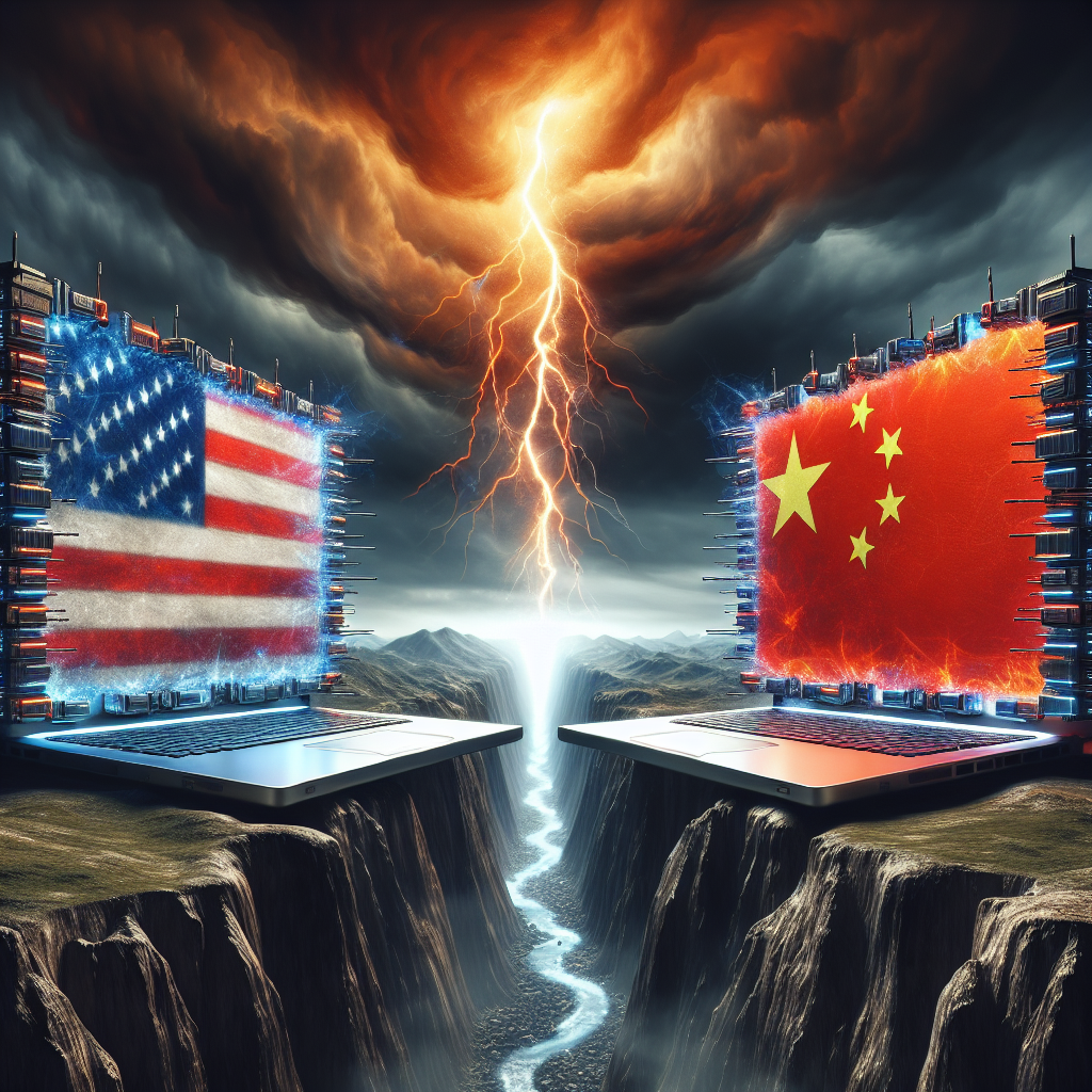 An abstract representation of escalating tech tensions between two national entities, symbolized by two laptops, anchored on opposite ends of a rugged landscape. Affixed to one laptop is a large, unmistakable US flag and to the other, a Chinese flag. In the center of the landscape is a contentious digital app icon, sparking with electricity. The sky is painted with a swirl of ominous clouds, hinting at the brewing storm of disagreement. This image, devoid of any human characters, encapsulates the theme of international technological conflict.