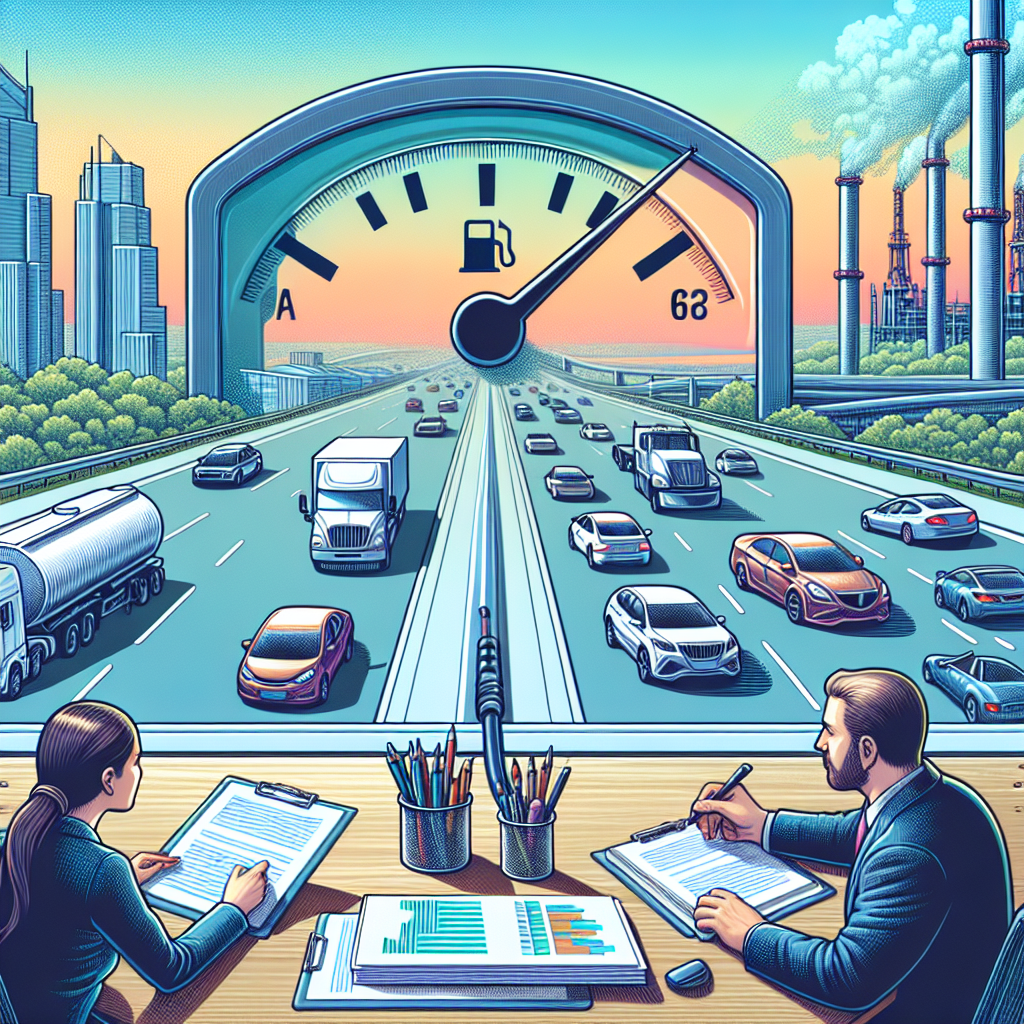 A detailed secondary scene of a highway with various vehicles driving, indicating the high level of fuel consumption in the United States. In the foreground, a large fuel gauge shows a rising trend, symbolizing the rising gas prices. All this is seen from the eyes of a businessman and a female engineer, both of different descent, Caucasian and Asian respectively, who are reviewing a document titled 'US Energy Policy Updates'. Sky in the backdrop has a gradient of sunset hues, providing a picturesque contrast to the industrial elements.