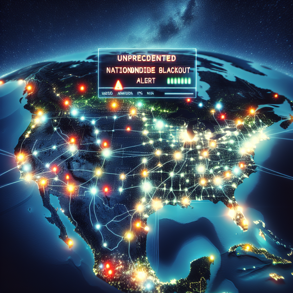 An attention-grabbing visual representation of a nationwide power grid at night where the lights gradually go out city by city illustrating an impending nationwide blackout. The map is in close-up focusing more on the urban areas. Each city is glowing with bright lights representing the electrical power, but slowly each light flickers and goes out, showing the failure of power. At the center of the image, a digital alert message with red letters appears articulating 'Unprecedented Nationwide Blackout Alert'. The background should show a clear night sky full of stars adding more emphasis to the darkness below.