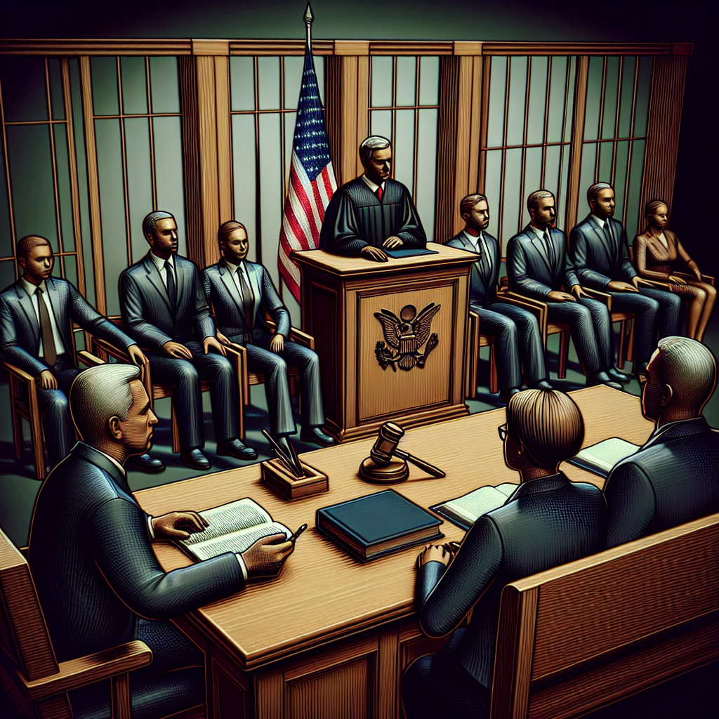Visualize a symbolic scene of a courtroom during a high-profile criminal trial within the US judicial system. Include elements such as a wooden judge's desk adorned with a small American flag, an attorney in mid-argument, a stern-faced judge listening attentively, a diverse jury, and a witness on stand. Do not include any specific individuals. Add depth to the scene by incorporating a somber ambience, reflecting the seriousness of the case. Also create an overlay of the words 'Must-See Verdicts' in an eye-catching font as if it was the title of a sensational news article.