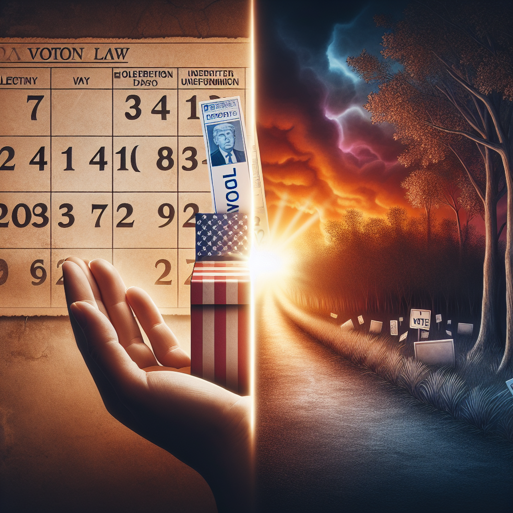 A thoughtful composition representing the concept of voting law changes and the aftermath of a US election. The image should portray symbolic elements like a pair of hands gently holding a ballot, reflecting the importance of every citizen's vote. On one side of the image, depict a dated calendar with a marked election day fading into the past. On the other side, draw a dimly lit path leading towards a vibrant sunrise, portraying uncertainty and hope for the future. Emphasize neutrality and the democratic process in the execution. Please ensure no specific logos or branding are visible.