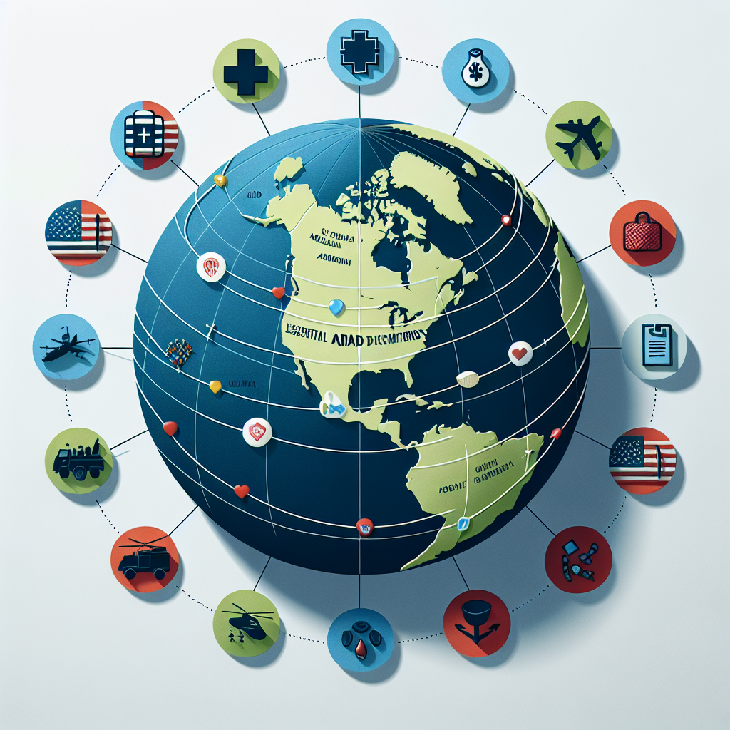 A visual representation of global aid, with a globe placed centrally. Majoraid routes are shown from one North American location to multiple destinations around the world. Small military symbols depict the US military, while symbols of food, medicine, and other resources represent aid. The title and subtitle - 'US Military Aid Decisions: Essential Global Security Commitments' - appear in bold, prominent text at the top. The style is modern, with a focus on clear simplicity to make the information easily understandable.