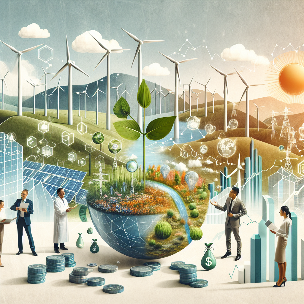 Visualize a symbolic concept of clean energy investments for climate change. Depict an abstract landscape filled with wind turbines, a bright sun, solar panels, and a hydroelectric dam set against lush hills. Include people of diverse descents and genders: a Caucasian woman and a South Asian man in business attire examining charts indicating growth. Nearby, a Hispanic male politician is giving a speech on climate change, while a White female scientist showcasing a model of a green city. Overlay this with imagery of a thriving plant sprouting from a pile of coins, showing the concept of investments fostering growth.