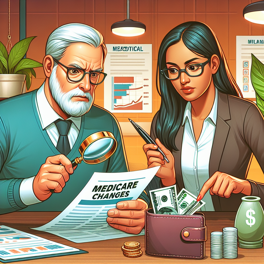 An illustration of a middle-aged Caucasian male closely analyzing a document titled 'Medicare Changes' with a magnifying glass, while a South Asian female financial adviser points at various aspects of the document. On the table, there is a wallet with dollar bills, symbolizing healthcare costs, partially cut by a pair of scissors. The background is a warm, inviting office environment, filled with medical and financial charts, accompanied by a potted plant for freshness.