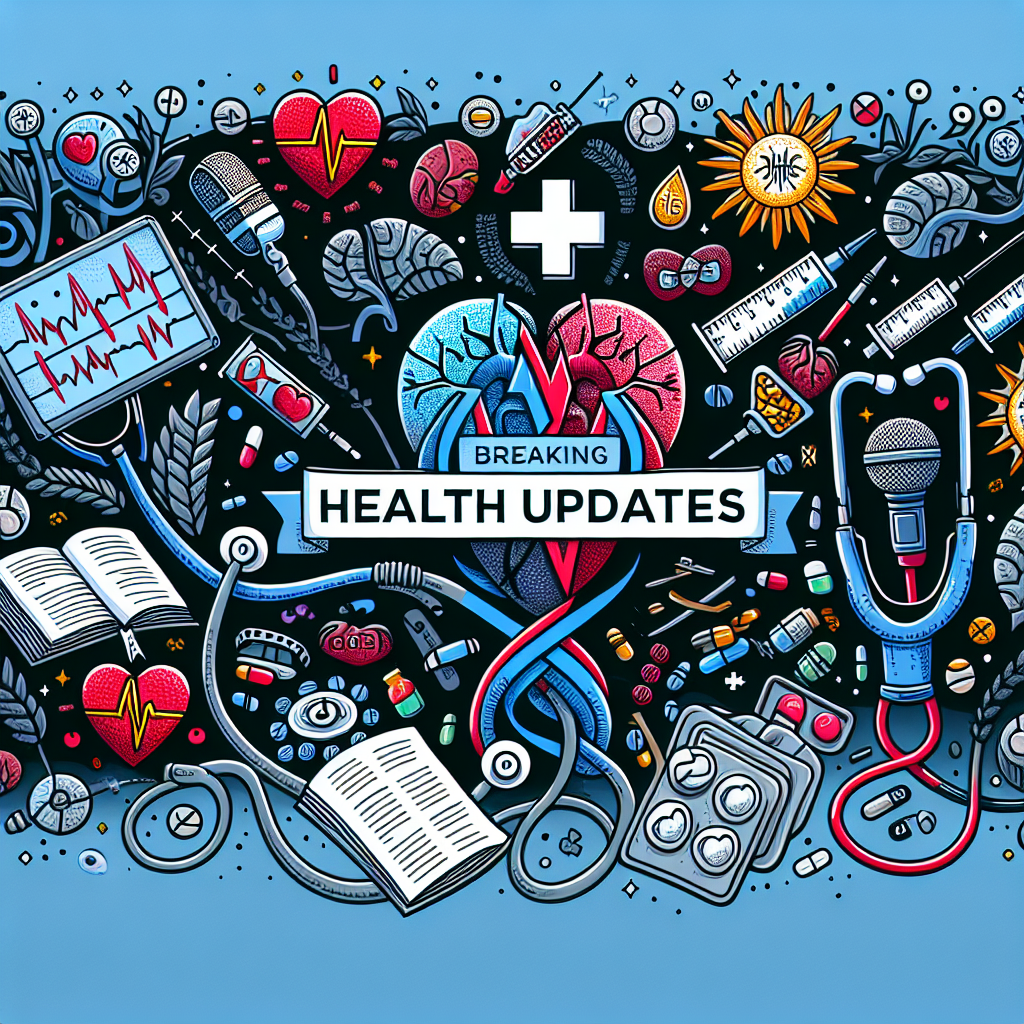 An illustrated banner for an online article about important health updates from the world of entertainment. The banner should feature an array of medical symbols such as stethoscopes, heart rates, cross signs, and medications, intertwined with general entertainment objects like microphones, film reels, and music notes. On one side shows a symbol of joy, perhaps a glowing, vibrant heart, representing 'Vital Milestones'. On the other side, a more somber symbol such as a wilting rose, to represent 'Tragic Deaths'. The title 'Breaking Health Updates' prominent in the center.