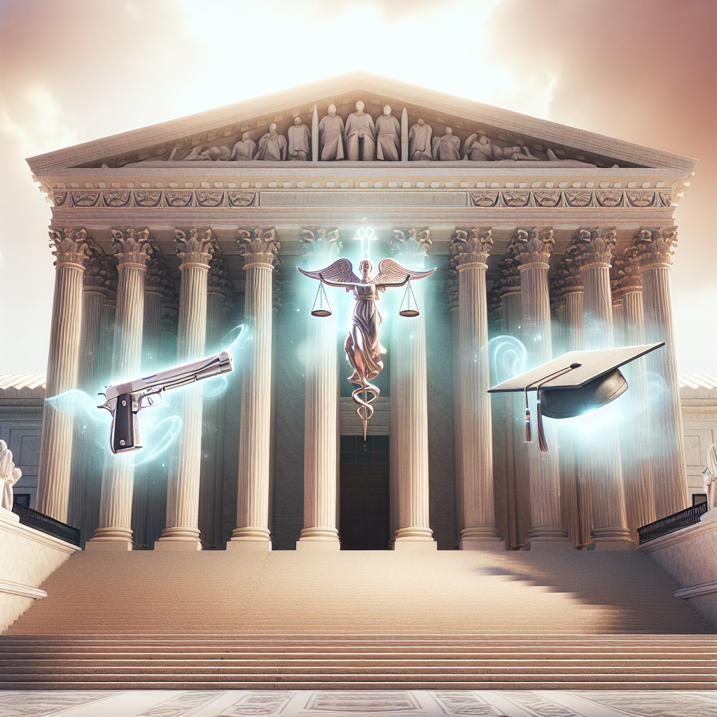 A grand, awe-inspiring building symbolizing justice, with tall, imposing pillars and marble steps bathed in soft, inviting sunlight, standing in the heart of a bustling city. Floating above it are three ethereal symbols: a medical Caduceus signifying health and abortion laws, a metallic-silver gun symbolizing gun laws, and a hefty book overlaid with a graduation cap, indicating student loans. These symbols are radiating a soft glow, denoting their significance in the court's rulings. The scene is a visual allegory of the impact of US Supreme Court rulings on abortion, gun laws, and student loans.