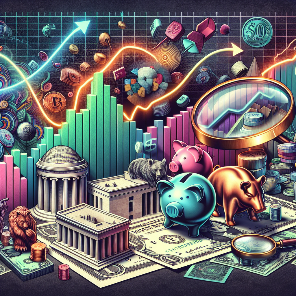 An intricate table displaying historical interest rate trends set by the Federal Reserve, with accentuated curves and arrows indicating fluctuations. Beside it, abstract representations like stylized piggy banks and bull and bear figures, showing the effects on saving and investment. In the background, a dynamic line graph shows inflation rates and goods prices over the years. A colorful chessboard floats above, with various chess pieces in strategic moves, symbolizing financial strategies crafted in response to inflation opportunities. A magnifying glass hovers above the scene, emphasizing the careful analysis required.