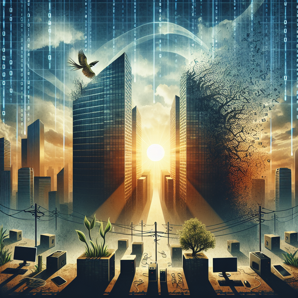 Create an illustration for an in-depth professional article, portraying an abstract concept of technology conglomerates experiencing significant workforce cutbacks. The scene could include symbolic corporate towers shrinking in size or a setting sun casting long shadows on tech cityscape to depict the end of an era. Incorporating elements such as  faded binary codes, desolate workstations, or disconnected network nodes could hint at the obstacles and difficulties. However, ensure a tone of hopeful rebirth with images such as green sprouts cracking through concrete, or a phoenix rising from ashes to symbolize the anticipated resurgence.