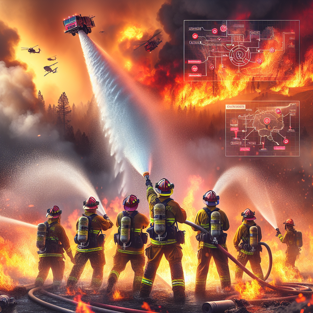 Create a vivid representation of a team of firefighters of diverse descents sprinkling gallons of water against a backdrop of blazing orange and red flames. Make it strikingly clear that they're in an intense heatwave, sweat pouring down their faces. Behind them, there should be an equipped wildfire truck, several water hoses, and other lifesaving equipment. The sky should be tinged with hues of fiery red and ominous smoke billowing out in the distance. Also include a separate scene of a tactical strategy map, annotated with arrows and circles indicating the areas which need immediate attention.