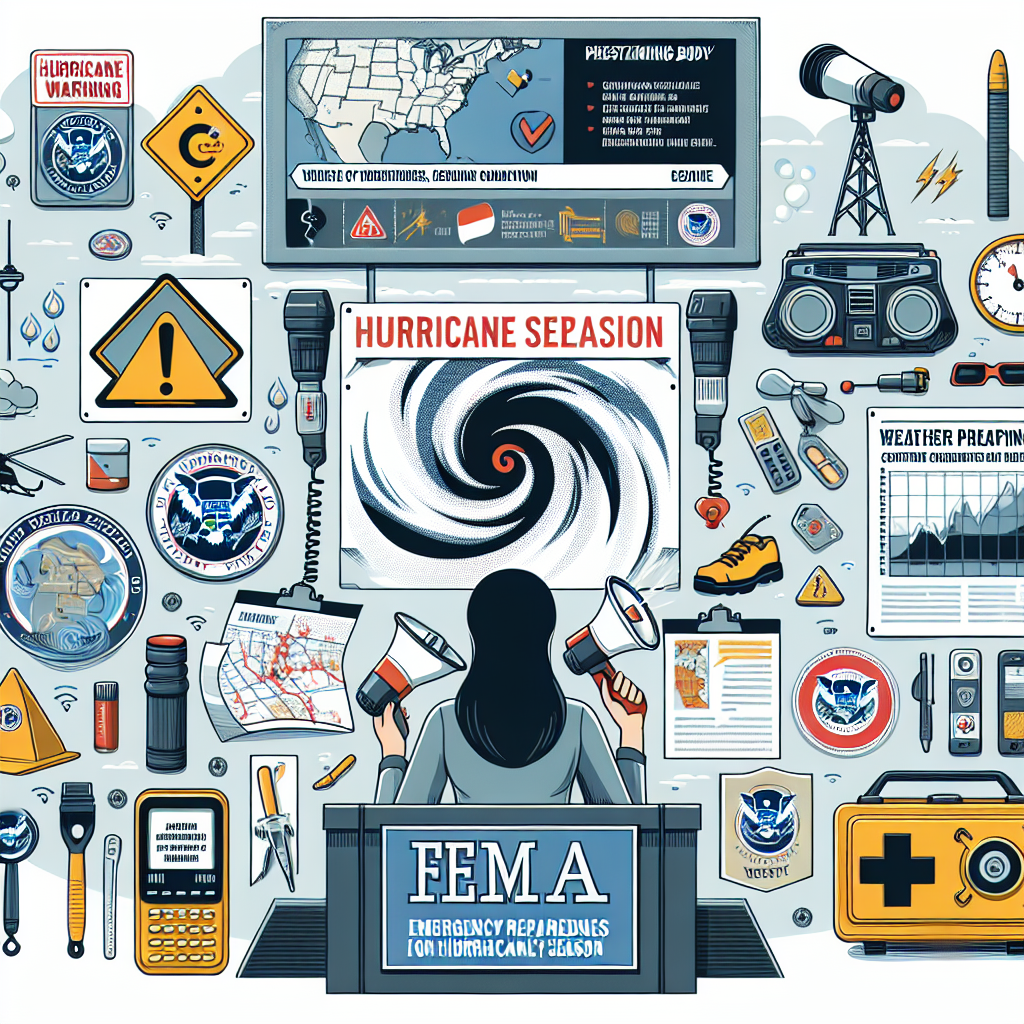 The subject of this illustration is the concept of FEMA's Emergency Preparedness for Hurricane Season. It includes visual elements such as hurricane warning signs, maps of hurricane-prone areas, safety gear like flashlights and first aid kits, a weather radio broadcasting warnings. Let's represent the organizing body as a gender-neutral, South Asian person informing the public about the crisis with a display of various relief strategies. The seriousness of the situation should be reflected in the overall tone of the image, while connotations of preparedness, security, and coordination convey the positive implications of effective planning.