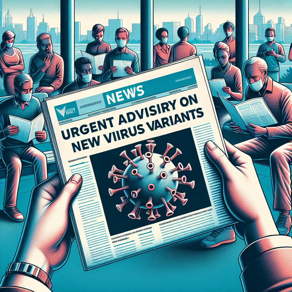 An illustration demonstrating the urgency of a new announcement made by a health organization. The illustration shows a close-up of a pair of hands holding a newspaper, whose headline reads 'Urgent Advisory on New Virus Variants'. The newspaper depicts a 3D model of a virus with distinct characteristics, representing its variant nature. Diverse group of people are in the background, attentively reading the news, expressing concern and precaution. The environment suggests a public setting like a park or a café, with a city skyline view in the background. The color scheme leans towards cool shades, to evoke a sense of seriousness and concern.