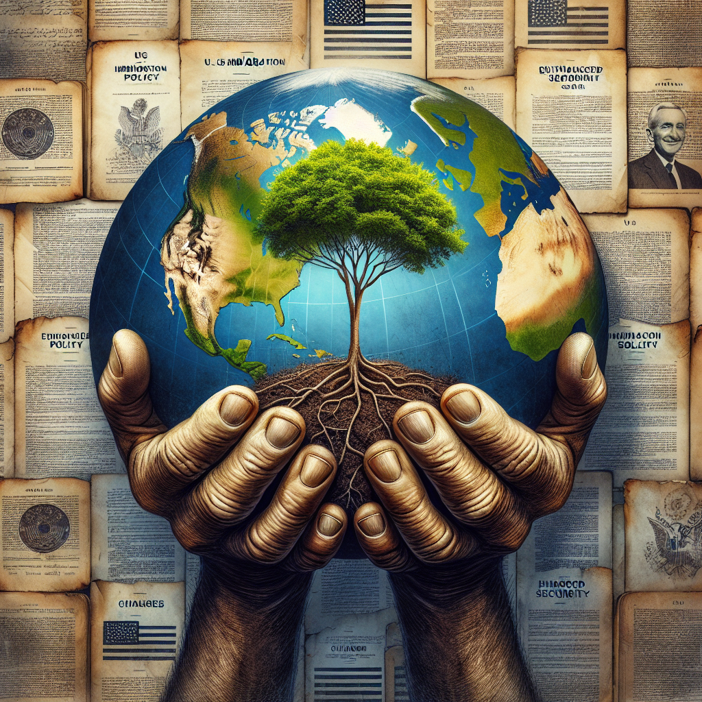 A detailed image of two hands planting a small tree in the center of a worn-out globe that is surrounded by weathered book pages. The globe should show the North America region and the book pages must have the words 'US Immigration Policy', 'Changes', and 'Enhanced Security' written on them. The tree symbolizes growth, suggesting a change for the better. The hands holding the tree should be of Middle-Eastern and Hispanic descent, symbolizing the diversity of immigrants. This image creates a perception of hope and positive change within the reformed immigration policies.