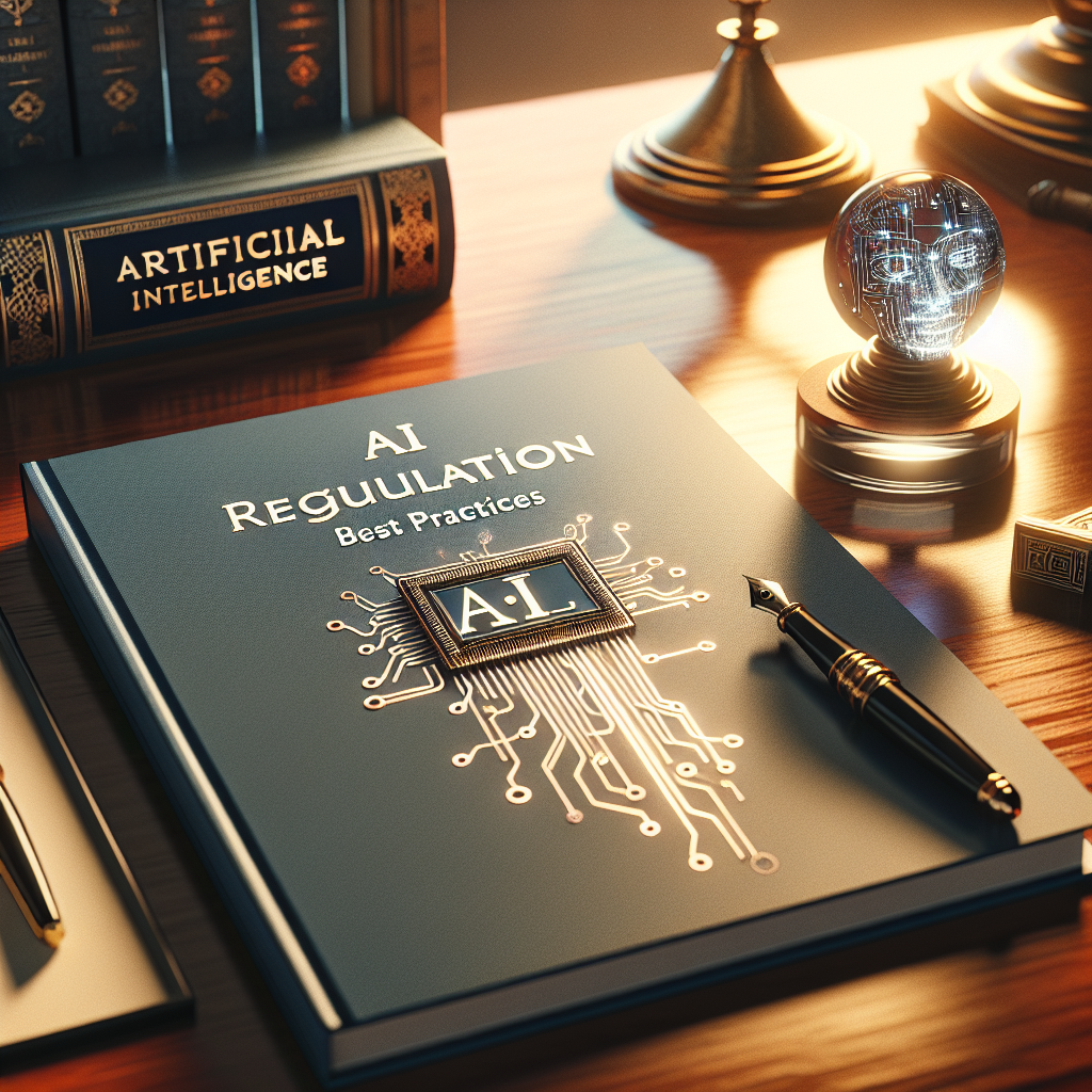A close view of a document titled 'AI Regulation: Best Practices'. It lies open on an elegant wooden desk alongside a fountain pen. There is a book named 'Artificial Intelligence' with a blue cover next to it. On the other side of the desk is a tastefully designed glass paperweight. Symbolic graphics of circuit boards extend from the document, representing the integration of technology and policy. The setting is flooded with warm, soft light pouring from an old-fashioned desk lamp. It's a serene and focused environment, illustrating regulatory work on AI in a government office setting.