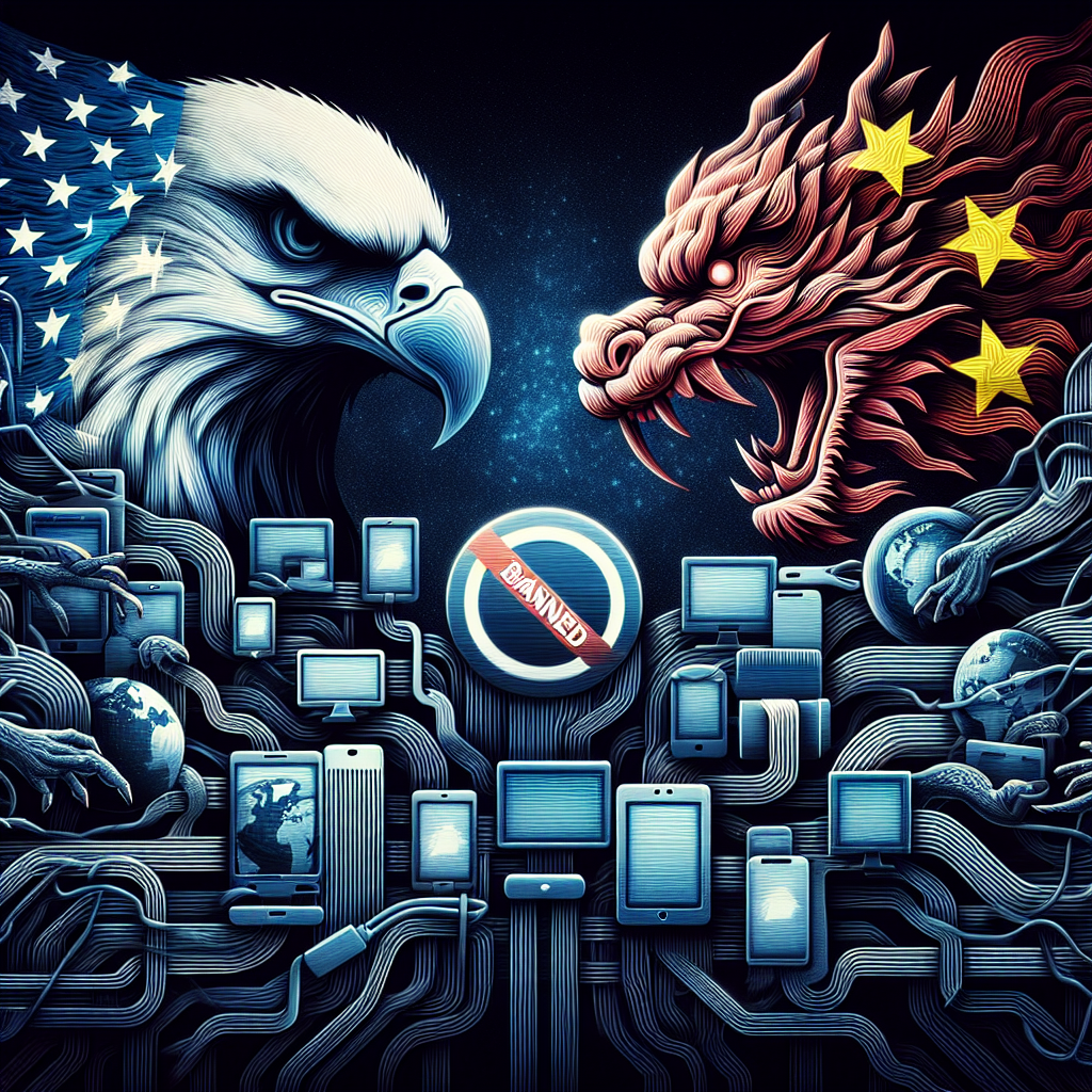 An abstract depiction of the concept of tech tensions between two massive countries, represented by stylized images of national symbols. One symbol is a bald eagle, representing the USA, and the other is a dragon, representing China. The tension between them is represented by tangled wires and circuits. In the background, faint silhouettes of large tech-related objects such as mobile phones, tablets, computer, and a 'banned' sign superimposed on a video play symbol to signify the TikTok ban.