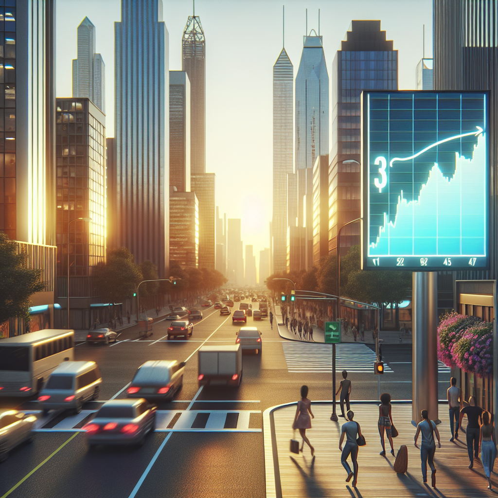 Visualize a modern city skyline with skyscrapers and buildings in the background, with a busy street in the foreground. On the street, there are large, digital billboards displaying a decreasing graph representing gas prices. People of various descents and genders can be seen walking on the sidewalks, looking at the billboards with expressions of surprise or relief on their faces. The time of day is late afternoon, casting a warm and dreamy glow on the scene. The style should be realistic and the drawing should give a feeling of hope and optimism about the future.