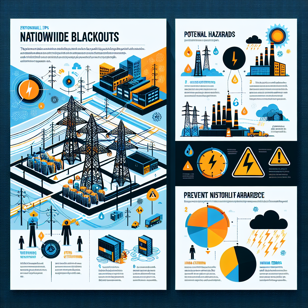 An illustrative image showing various aspects of a power grid and potential hazards that could lead to its failure. The image should contain a detailed power grid with interconnected lines and power stations of various capacities. Also, an infographic should be presented next to it, where it showcases vital tips to prevent nationwide blackouts. Tips could be highlighted with suitable icons. Also, depict weather conditions like a storm and human errors as potential risk factors, symbolized adequately. Emphasize the color palette of bright yellows, blues, and oranges as a hint of electricity, hazard, and warning respectively.