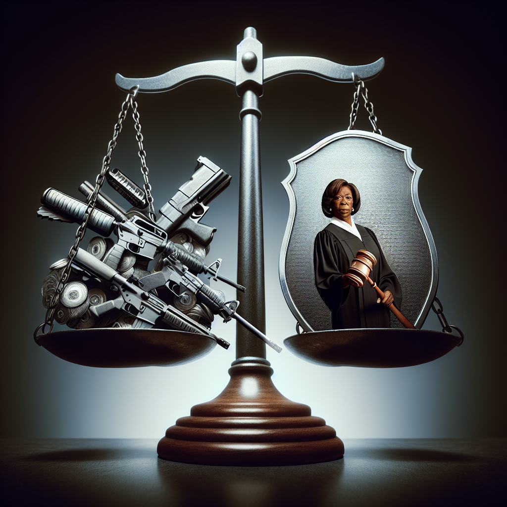 An imposing image of a balance scale, symbolic in nature, where on one side there is a pile of illustrated firearms, while on the other side there are protective shields made to represent Federal Gun Control laws. Positioned slightly in the background, yet dominating the scene, is an authoritative figure, an African-American woman in a judiciary attire with a gavel in hand, signifying justice and law enforcement. The image should convey a sense of importance, urgency and truthfulness about the topic in question which is, 'Gun Violence Incidents: Effortless Federal Gun Control Solutions'.