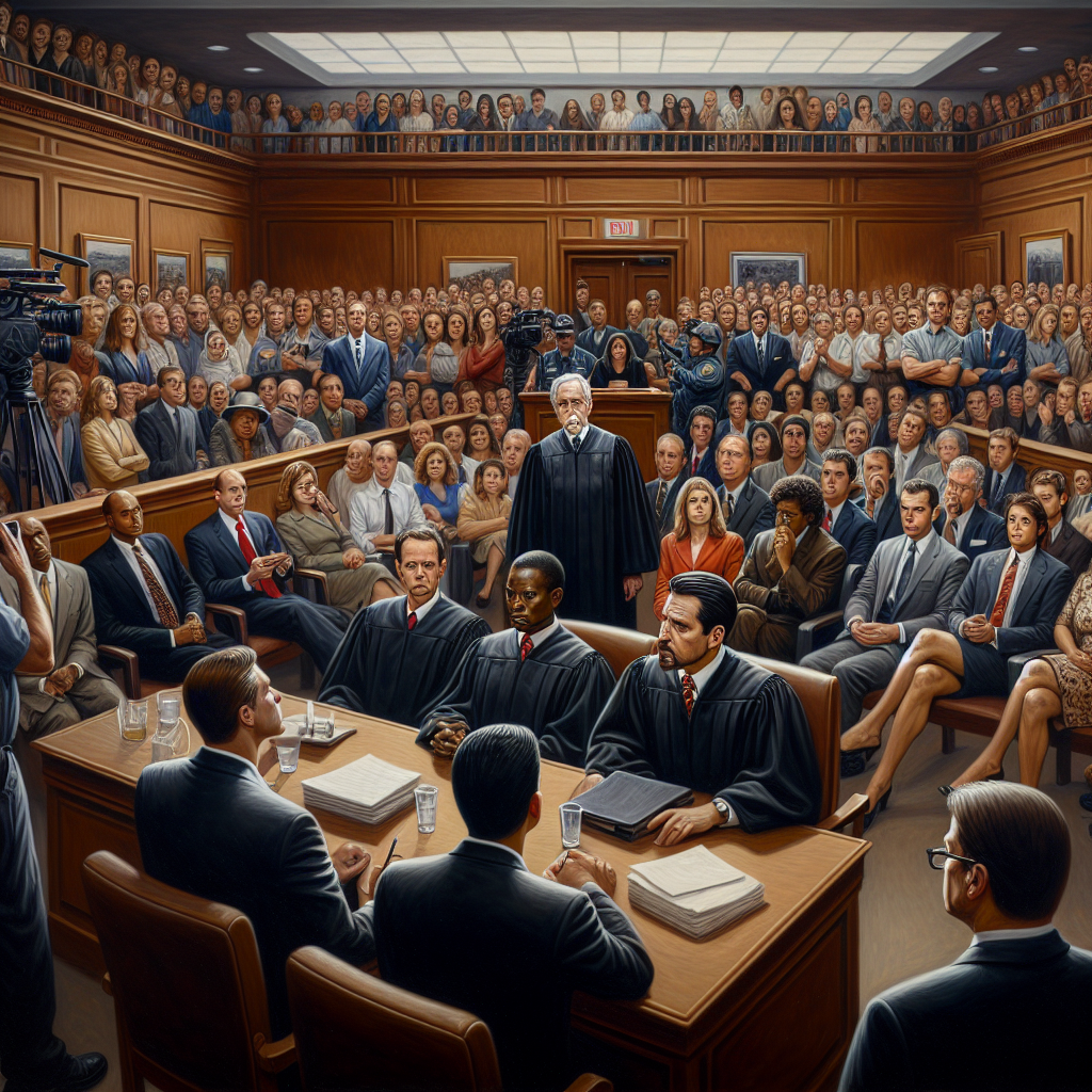 A thought-provoking depiction of a courtroom during a high-profile trial in the United States, focusing heavily on the tense moment before a verdict is delivered. The room is filled with a variety of people including attorneys, journalists, spectators, and more. Show a Caucasian judge in a black robe who is about to disclose the decision. A black defense attorney and a Hispanic prosecutor are representing the parties involved, radiating nervous anticipation. The spectators include individuals of different descents anxiously waiting for the verdict. The atmosphere should be palpable with intensity and suspense.