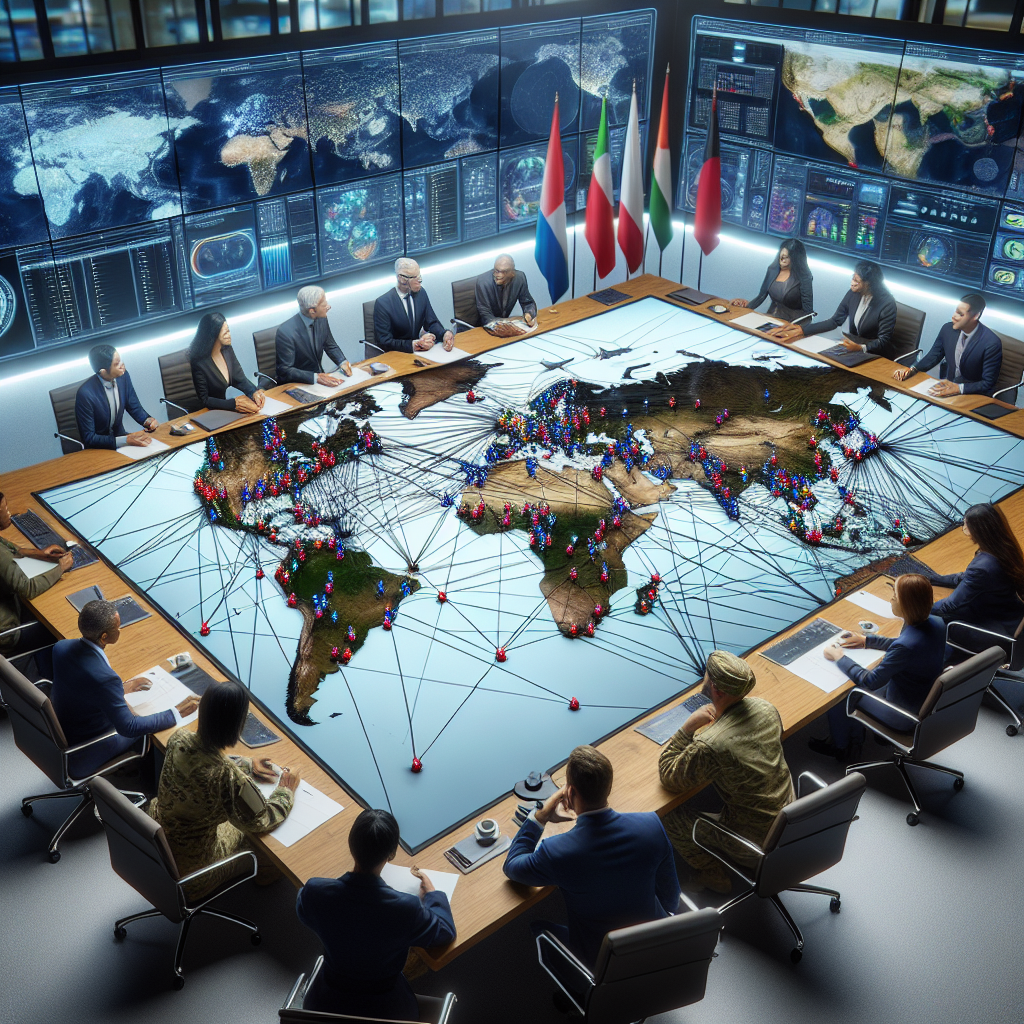 Depict a complex strategic map on a large conference table with various colored pins and string lines illustrating geopolitical land, sea, and air routes. Show an international team of military strategists, with a Caucasian woman, an Asian man, a Middle-Eastern woman, and a Black man, actively discussing. Surrounding them, have screens showing real-time global data. Please abstain from adding specific country flags or identifiers to maintain neutrality. The room is modern with glass walls and high-tech equipment. The title 'Essential Strategies for Global Security' emblazoned at the top of the image.