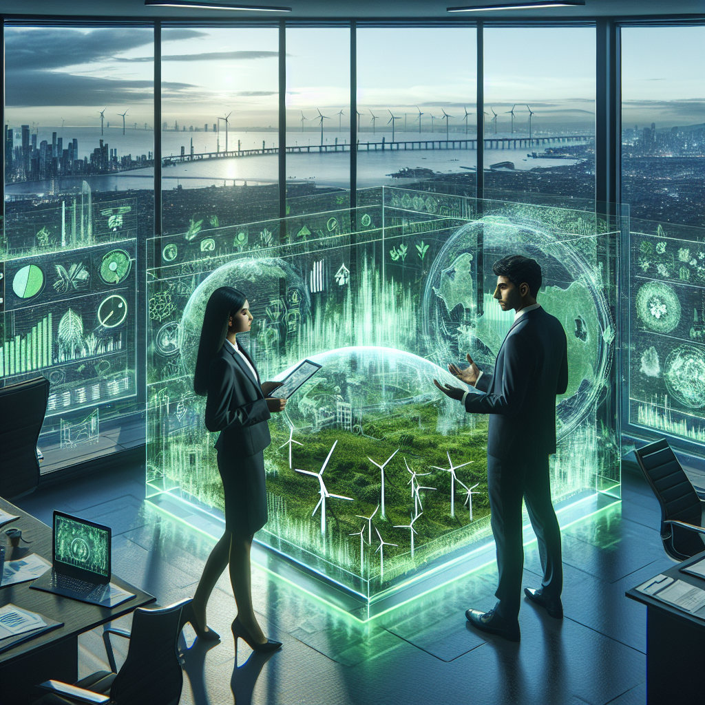 Visualize an intricate, detailed scene set in a futuristic business office. Show a South Asian female and a Middle-Eastern male, both dressed in business attire, engaging in a serious discussion over a transparent holographic screen that vividly displays green colored graphs, diagrams, and data. The data symbolize the growth of clean energy investments. Include representations of wind turbines, solar panels, and other forms of renewable energy dispersed within these diagrams. Outside the windows, depict a cityscape dotted with green rooftops, solar farms, and wind farms, mirroring the green legislation strategies discussed within the office.