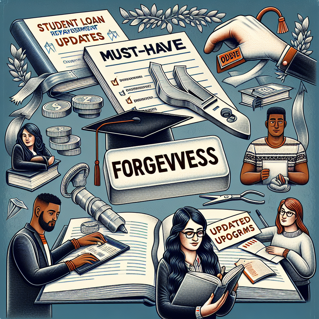 An intricately detailed image representing the concept of student loan repayment updates, centered around must-have forgiveness programs. Depict a diverse range of students: a Caucasian man holding a graduation cap, a Black woman with glasses reading a book, a Middle-Eastern man using a laptop, and an Asian woman writing on a notebook. Interspersed in the scene, include symbolic elements like a giant eraser labeled 'forgiveness', a diploma with an updated checklist, and a student loan letter being torn apart. A sense of relief and new beginnings should be conveyed in the image.