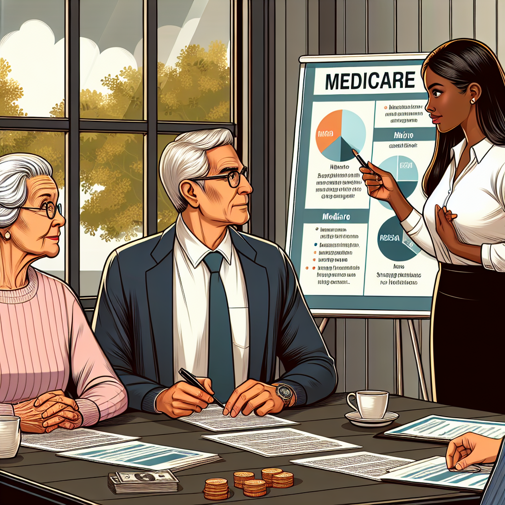A detailed illustration of an elderly White woman and a South Asian man in a meeting with a Black female financial advisor. They are sitting around a table that has documents related to Medicare strewn about it. The advisor is pointing to a pie chart on a presentation board behind her that breaks down the changes in Medicare and various strategies to lower healthcare costs. The clients look engaged and are taking notes. The setting is a professional office with windows showing trees outside offering ambient lighting.