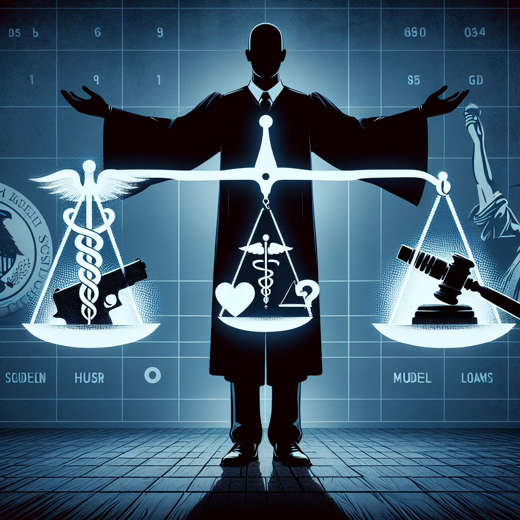 Visualize an abstract representation of the three significant societal issues - abortion, gun laws, and student loans in the context of the judicial system. Include an image of court scales symbolising justice delicately balancing the corresponding representative icons for abortion (medical caduceus), gun laws (firearm) and student loans (mortarboard). Also, imagine an obscured figure denoting legal authority, possibly a judge but with no recognizable features for identity, wearing traditional robes, standing beside the scales. Do not refer to real-life political figures or specific court cases.