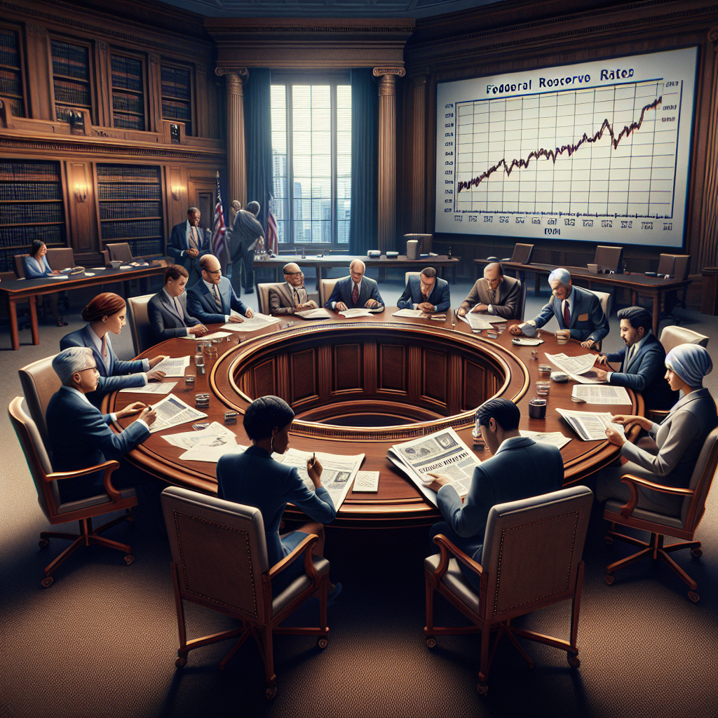 Imagine a detailed and informative scene that depicts a large, classic boardroom. At the center of the room, a round table made of mahogany. Various individuals, a mix of men and women from different descents such as Caucasian, Hispanic, and South Asian, are engrossed in a deliberation. They are economist professionals pouring over papers and graphs showing trends of inflation. Some are in deep thought, while others are actively debating strategies, holding their points with expressive hand gestures. On the wall behind them is a large, digital display screen, showing a bar graph related to Federal Reserve Interest rates.