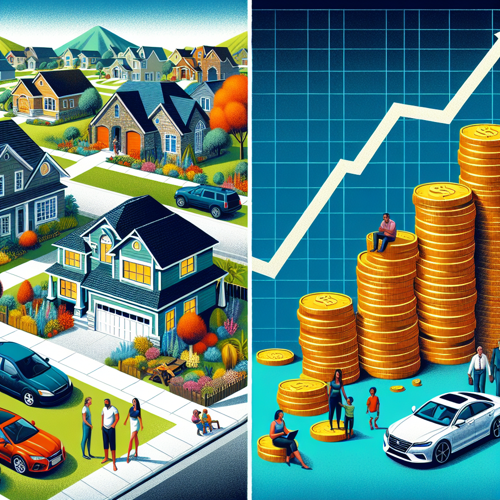 An illustration displaying an interesting contrast of two scenes. On the left side, an image portraying a thriving suburban neighborhood, with well-maintained houses, lush green lawns and family cars. These houses should show different architecture styles, indicating a prosperous and diverse community. People of multiple descent such as South-Asian, Caucasian, and Hispanic, of various genders are seen enjoying the neighborhood. On the right side, depict a stack of gold coins increasing in height side-by-side with an abstract graph showing mortgage rates climbing up. The image should evoke feelings of worry due to the stark contrast between a comfortable suburban lifestyle and the looming financial danger.