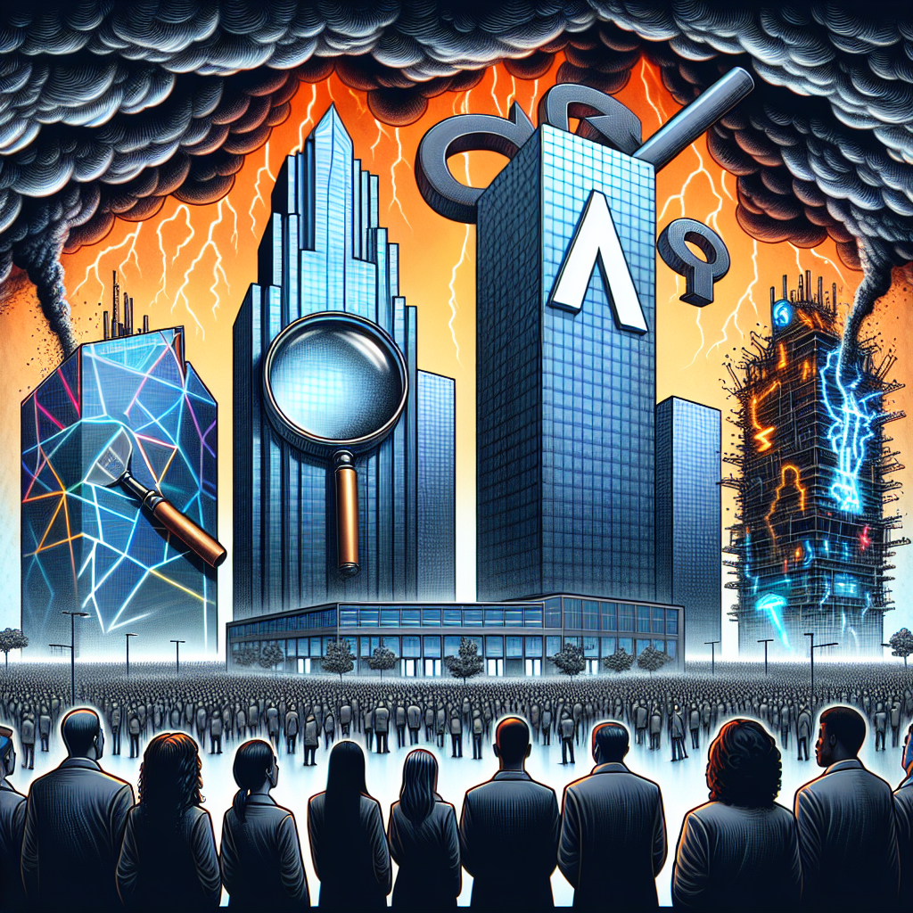 Depict a scene of an abstract concept representing big tech corporations symbolized by four modern skyscrapers with distinctive designs for each. One skyscraper features a large magnifying glass , another has a geometric A-shaped structure, the third one has a complex interconnected network design, and the last one exhibits electric sparks and a futuristic style. To show the turmoil, illustrate stormy clouds hanging over these skyscrapers with visible signs of distress among representations of employees which are diverse in gender and descent, such as Caucasian, Black, Hispanic, Middle-Eastern, and South Asian. This image should convey the concept of major layoffs in a metaphorical way without referring to specific companies.
