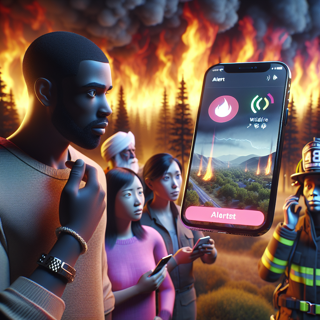 Imagine a scene visualizing the concept of Wildfire Emergency Alerts during an Extreme Heatwave. There is a 3D rendered visualization of a mobile app with a distinctive sound and vibrant alert symbol lighting up with a wildfire icon. You can see the flames of a wildfire in the distant background, with scorched trees and blazing heat subtly distorted air. In the foreground, a diverse group of individuals, a Middle-Eastern man, a Hispanic woman, and a South Asian child, looking at their phones with serious, concerned expressions. Next to them, a Black woman firefighter in a protective uniform stands ready, communicating on her two-way radio for instructions.