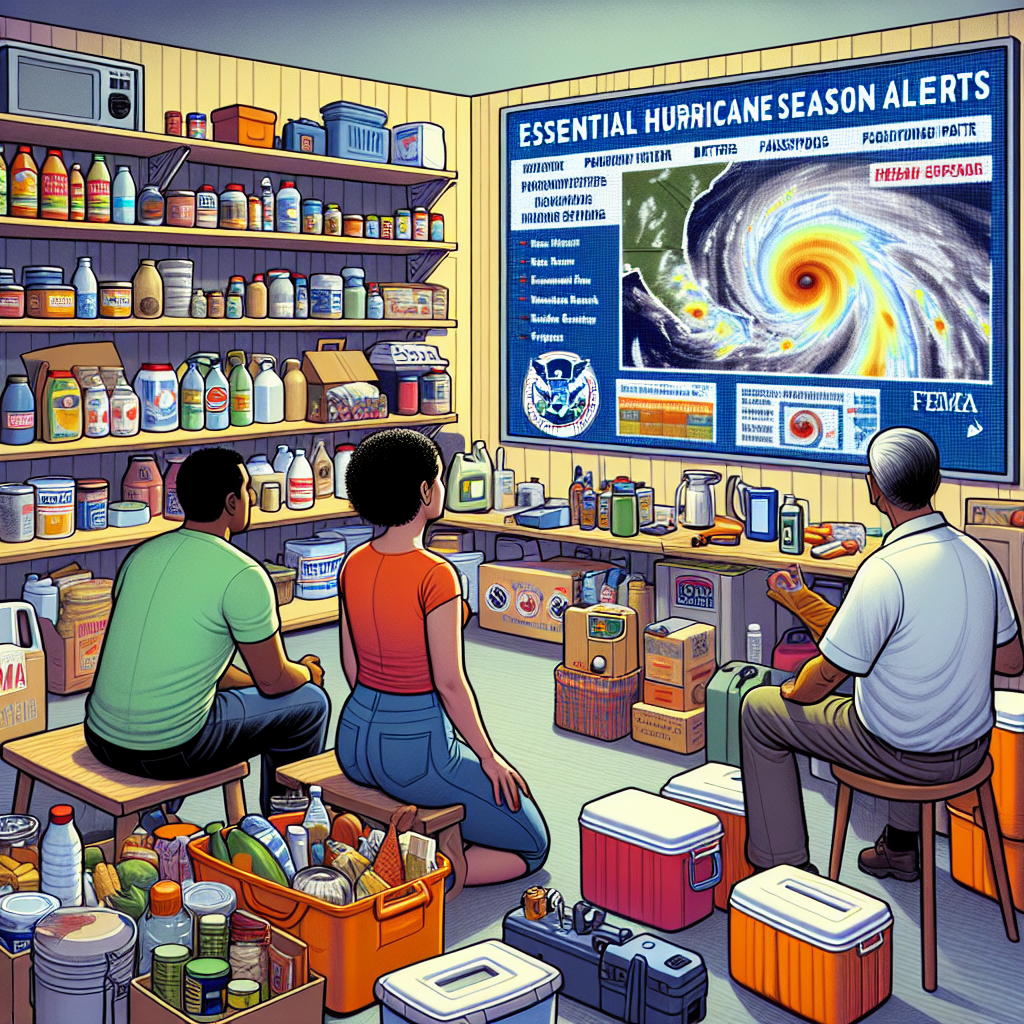 Visualize a scene depicting a room stocked with emergency preparedness items for hurricane season. The room should be filled with items such as non-perishable food, bottled water, flashlights, batteries, medical supplies, and a portable radio. On a nearby wall, there should be a large screen displaying real-time weather alerts marked 'FEMA'. Above the screen, there should be a title reading 'Essential Hurricane Season Alerts'. Depict a diverse group of people - a Hispanic woman, a Black man, and a Middle-Eastern elderly person - attentively watching the screen and discussing their plans.