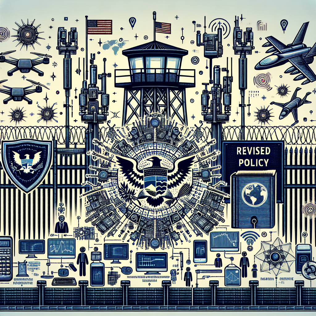 Generate a detailed and intricate image depicting various elements related to the changes in immigration policy for a generic sovereign state. Visualize a border with security apparatus like surveillance towers, drones, and innovative technological advancements aimed at improving security such as robotic guards or AI-powered detection systems. Include symbols representing these updates like law book with the heading 'Revised Policy', computers depicting data analysis, and flags representing the national identity. However, keep the essence of the image neutral and do not target any specific country for illustration.