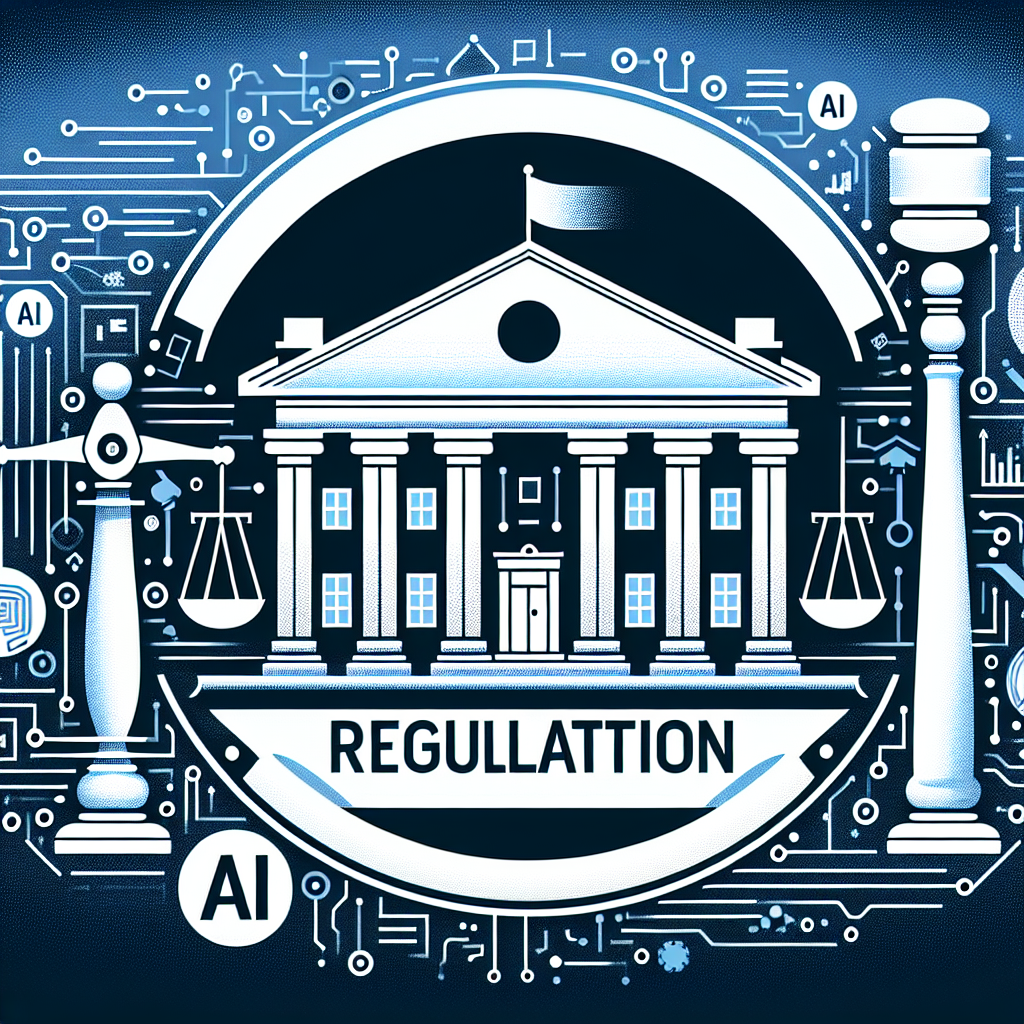 Create an image representing artificial intelligence regulation. Feature a symbolic representation of a White House, perhaps a silhouette or an abstract version, without replicating its exact structure. Further details could include interpretation of policy documents with the heading 'AI Regulation'. To symbolize regulation, depict elements such as a gavel or scales representing justice. DO NOT include any identifiable public figures. The color palette could have a mix of blue and white, representing seriousness and purity. The overall style should convey a sense of authority and responsibility.