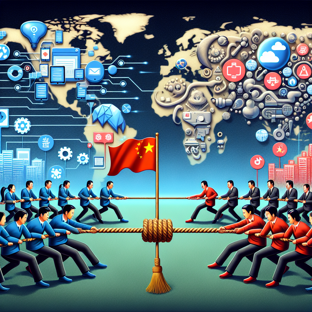 A metaphorical image depicting a tug of war between two teams that represent technology from the East and the West. On one side, team members are symbolic of Chinese tech innovation, stringing together symbols of artificial intelligence and data. Opposing them is a team representative of American tech industry, juxtaposed with icons of software development and cloud computing. A flag with the icon of the app TikTok stands at the center of the rope, demonstrating the struggle for control. The background should be a world map, highlighting the global impact of this struggle.