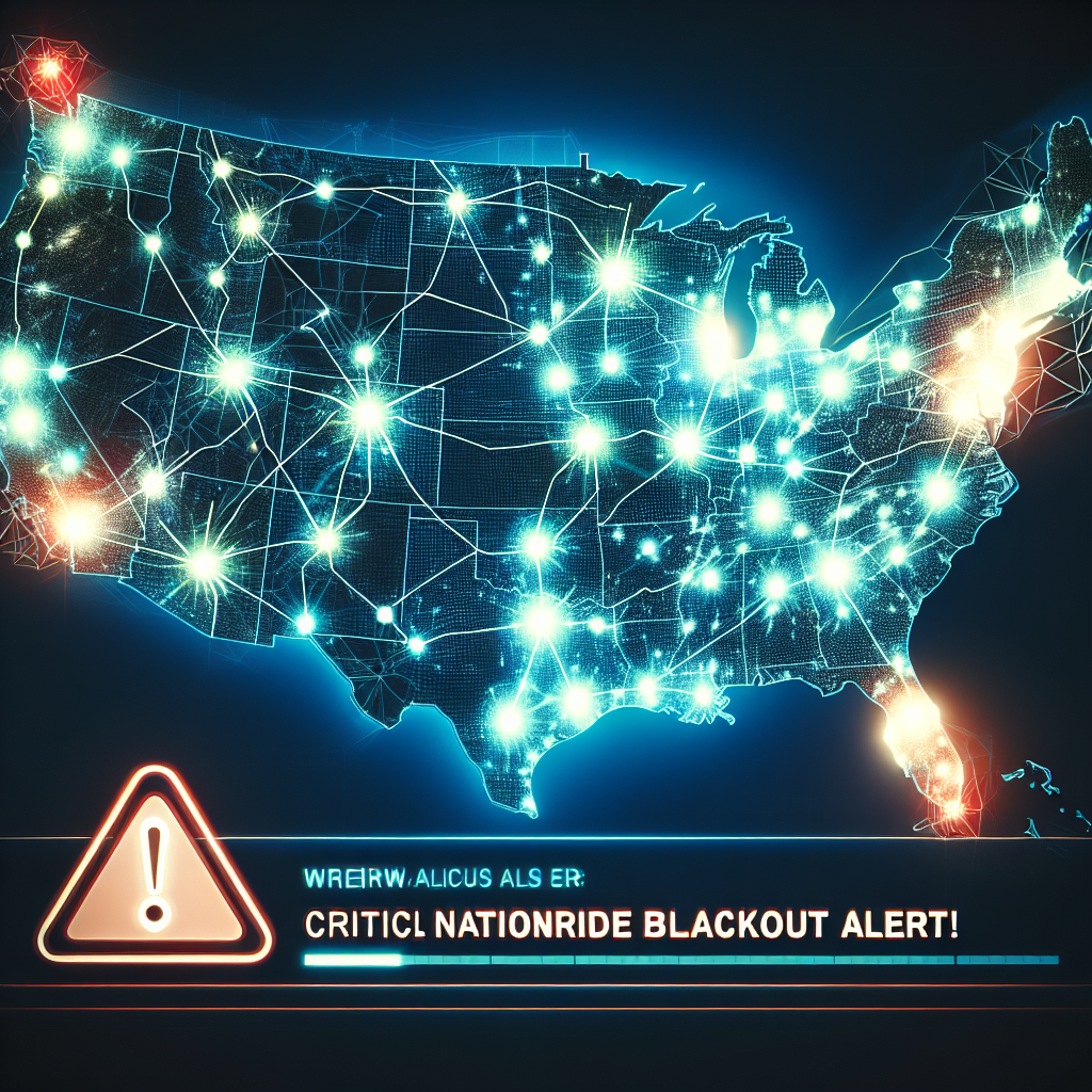 Create an illustrative image showing a map of the United States glowing brightly with interconnected power lines, indicating an active power grid. Suddenly some main nodes start to flicker, and areas of the map start turning dark, representing power outages. On the side of the image, design a warning alert symbol, and beneath it, the text 'Critical Nationwide Blackout Alert!'.