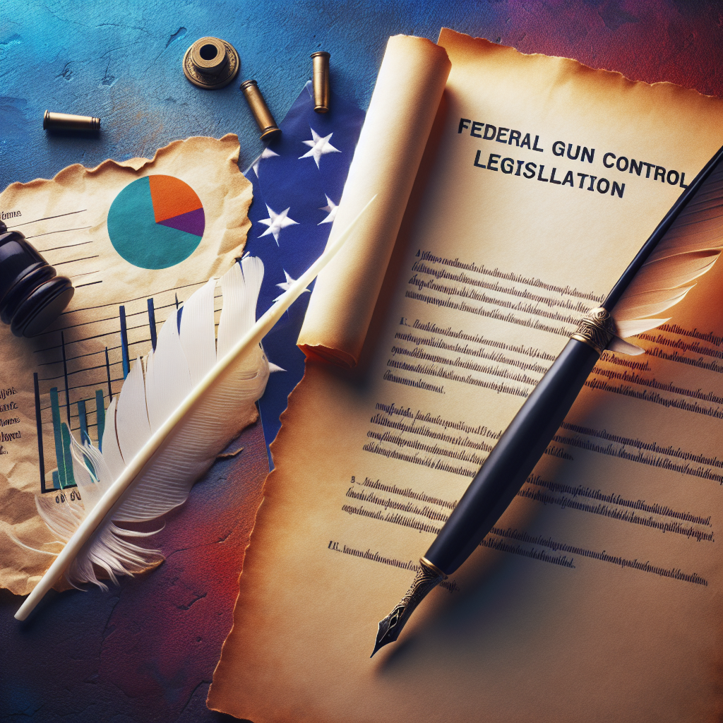 A conceptual representation of Federal Gun Control Legislation. The image features a piece of parchment signifying the legislation with an ink quill pen, the symbol of law and legislation, resting on it. Adjacent to it, depict a few statistics charts symbolizing gun violence reduction. Background can be a blend of vibrant colors to elicit the importance of the topic. Remember not to include specific people or politicians in the prompt.