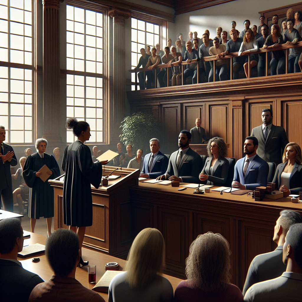 Visualize a generic courtroom scene depicting a moment of high tension in a high-profile criminal trial. In this scene, there's a diverse mix of individuals, including a female Caucasian judge, a male Black defense attorney, a female Hispanic prosecutor, and a mixed-gender and race jury. The jury foreperson, a Middle-Eastern male, is standing, about to deliver the verdict, holding an unopened envelope. Spectators in the gallery are leaning forward in anticipation. The ornate wooden courtroom with tall, imposing windows gives a sense of gravity to the situation. Note: No specific individuals or trials are referenced.