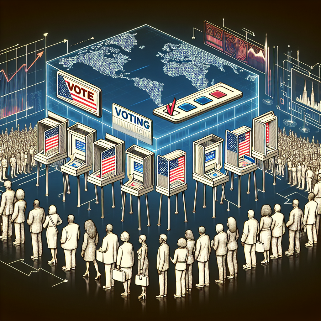 Visualize an illustrative design representing the theme of 'Voting Law Changes' triggered by the aftermath of a recent election in an imaginary country. The centerpiece should be an updated, futuristic, easy-to-use voting system. This might be a touchscreen voting machine or a secure online voting portal. Include a crowd of diverse people lined up to cast their votes. Make sure to depict a variety of genders and descents, such as Asian, Hispanic, and African-descent people of both genders. The atmosphere should be positive and hopeful, symbolizing the progress and reform in the voting system.