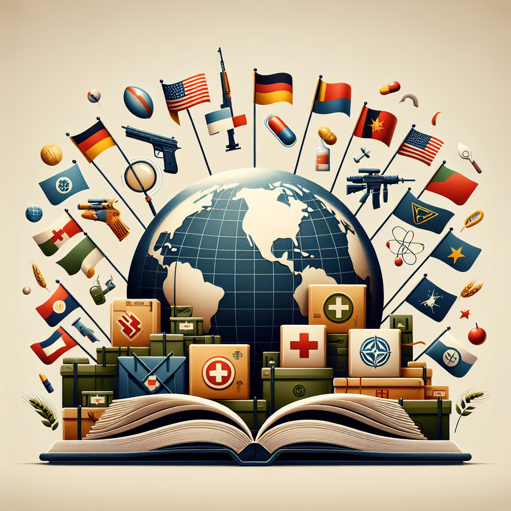 An image depicting a symbolic representation of global security. On one side, various national flags fluttering from their poles. On the other side, a symbolic representation of military aid in the form of packages adorned with medical signs, food grains, and gun silhouettes. In the middle, a large globe, signaling the interconnectedness of the topics. An opened book at the bottom symbolizes gaining insights and knowledge about the topic. All presented on a neutral, light background.