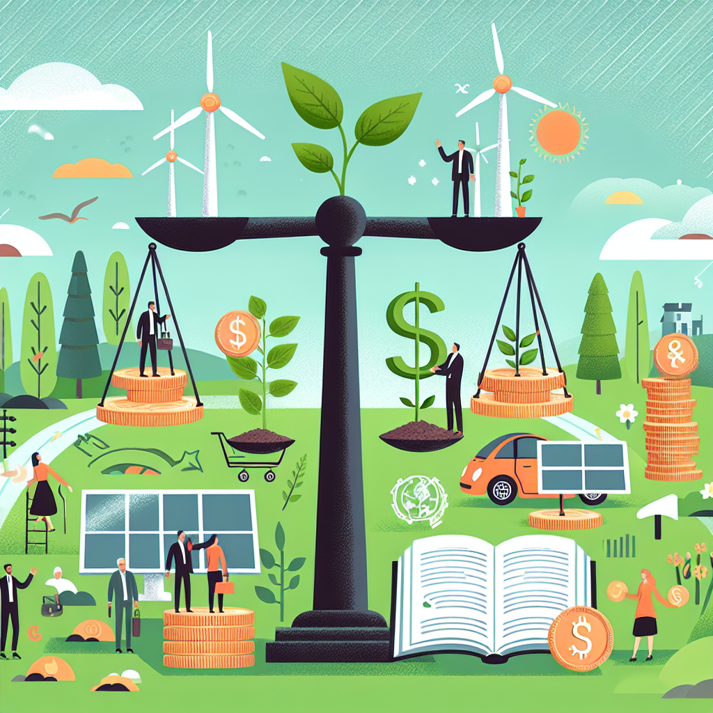 A balanced illustration representing the concept of clean energy investments and strategies for climate change legislation. Include symbols such as wind turbines, solar panels, electric cars, and seedlings growing in coins, signifying growth and investment. Also, include a book or scroll to represent legislation. Make the environment lush and green, to symbolize a sustainable future. It's crucial to have people of diverse descents like Caucasian, South Asian, Hispanic, involved in the scenes. Include both genders actively participating, signifying the global inclusivity in tackling the issue of climate change.