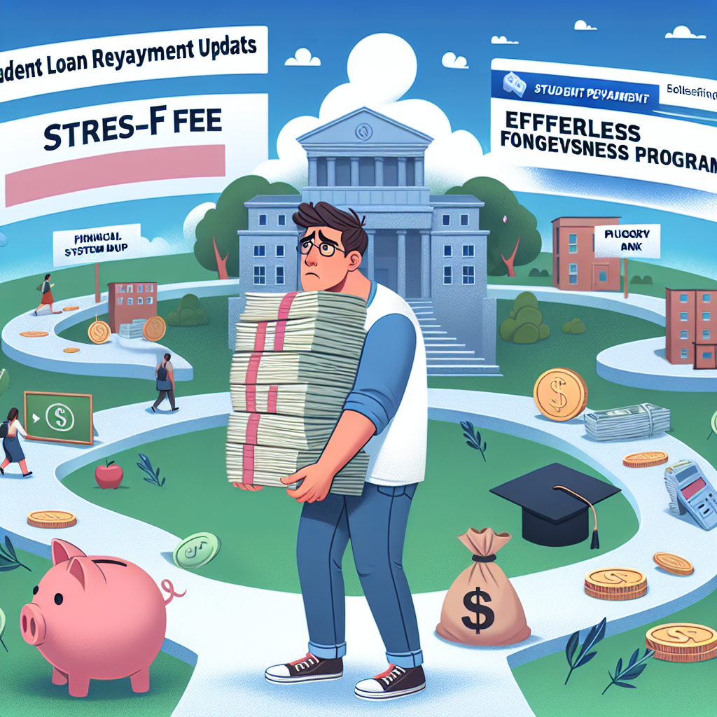 Visual portrayal of a stress-free student loan repayment journey. The scene can initiate with a Caucasian, male student clutching loads of student loan papers, confused and worried. Gradually, the path should transform into a smoother pathway symbolizing effortless loan forgiveness programs. The student's expression and posture should evolve from concern to relief. Include various symbols of the financial system and education like coins, piggy bank, graduation cap, etc. The background should reflect an academic environment with elements such as a university building. In the sky, let's visualise news about 'Student Loan Repayment Updates: Effortless Forgiveness Programs'.