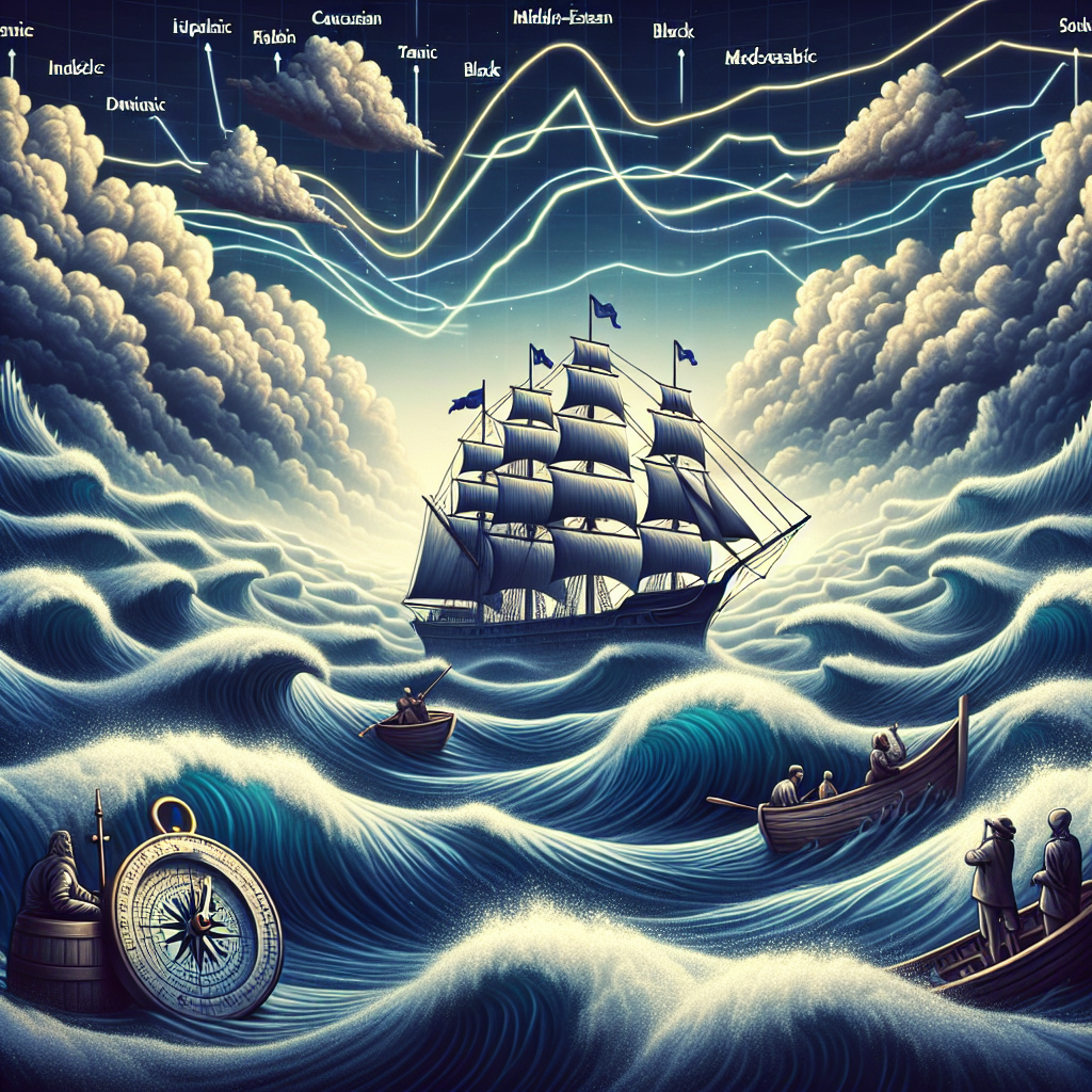 Visualize a scene depicting a vast ocean with waves representing fluctuations in inflation. There's a sturdy ship in the middle named 'Federal Reserve' navigating these waters. The crew onboard, comprised of financially savvy individuals of various genders and descents, like Caucasian, Hispanic, Black, Middle-Eastern, South Asian, are using intricate navigational tools such as compasses, astrolabes and maps to chart their course. The sky is laden with complex, intertwining clouds symbolizing the ever-changing economic policy. This atmospheric scene portrays the endurance and skill required to navigate through the unpredictable seas of inflation.