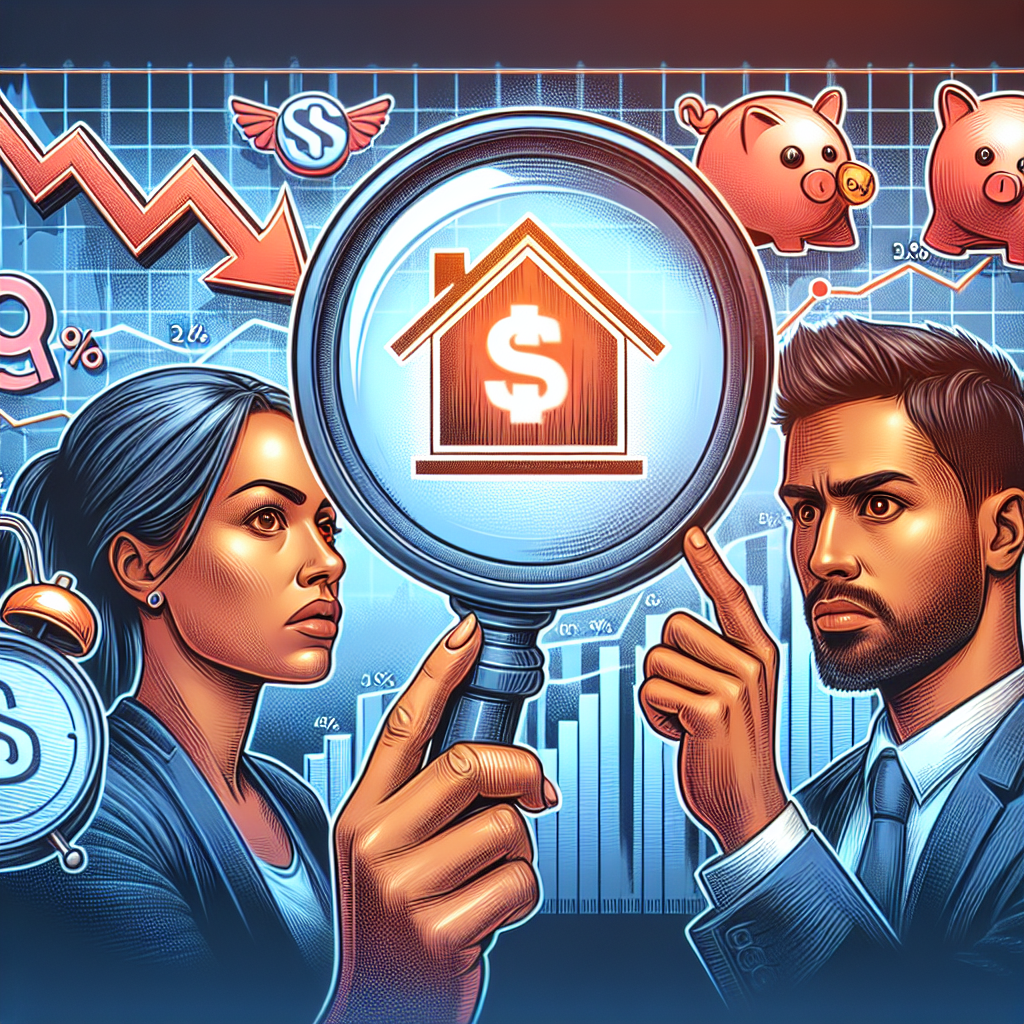 Depict an illustrative image representing the US housing market crisis with focus on top mortgage rate strategies. This might include relevant financial icons such as a downward trending graph representing a crisis, a house symbol, and percentage signs representing mortgage rates. Also show two individuals, a Hispanic woman and a Middle-Eastern man, analysing these financial elements, denoting their intent to boost savings. They could be holding on to a magnifying glass zooming into the key areas showing these strategies. Note, the expression on their faces should showcase concentration and determination.