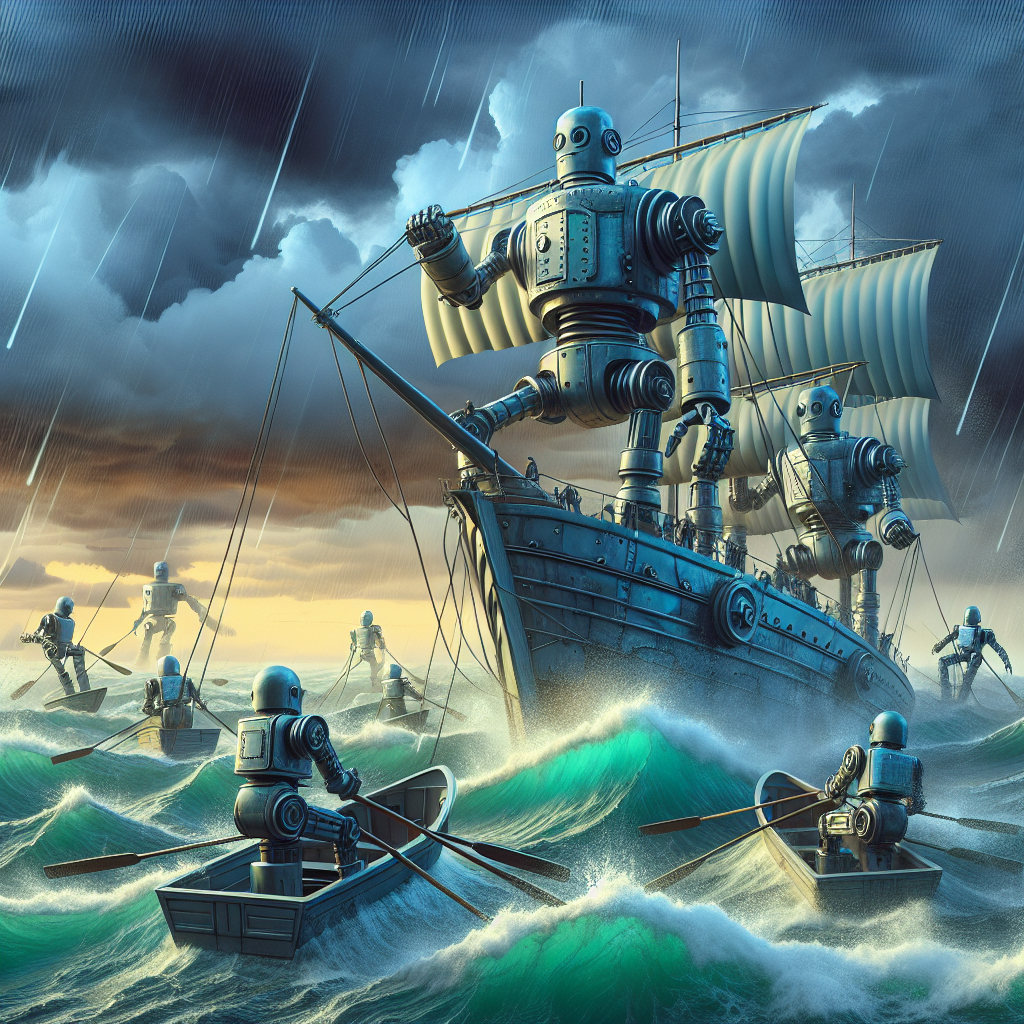 Visualize a metaphorical scene of a giant metal robots, representing tech companies, in a storm at sea, with the choppy waters symbolizing a challenging market environment. The robots are battening down the hatches, making preparations to survive the storm, hinting at cost-cutting measures like layoffs. Make sure not to use any logos or specific company names.