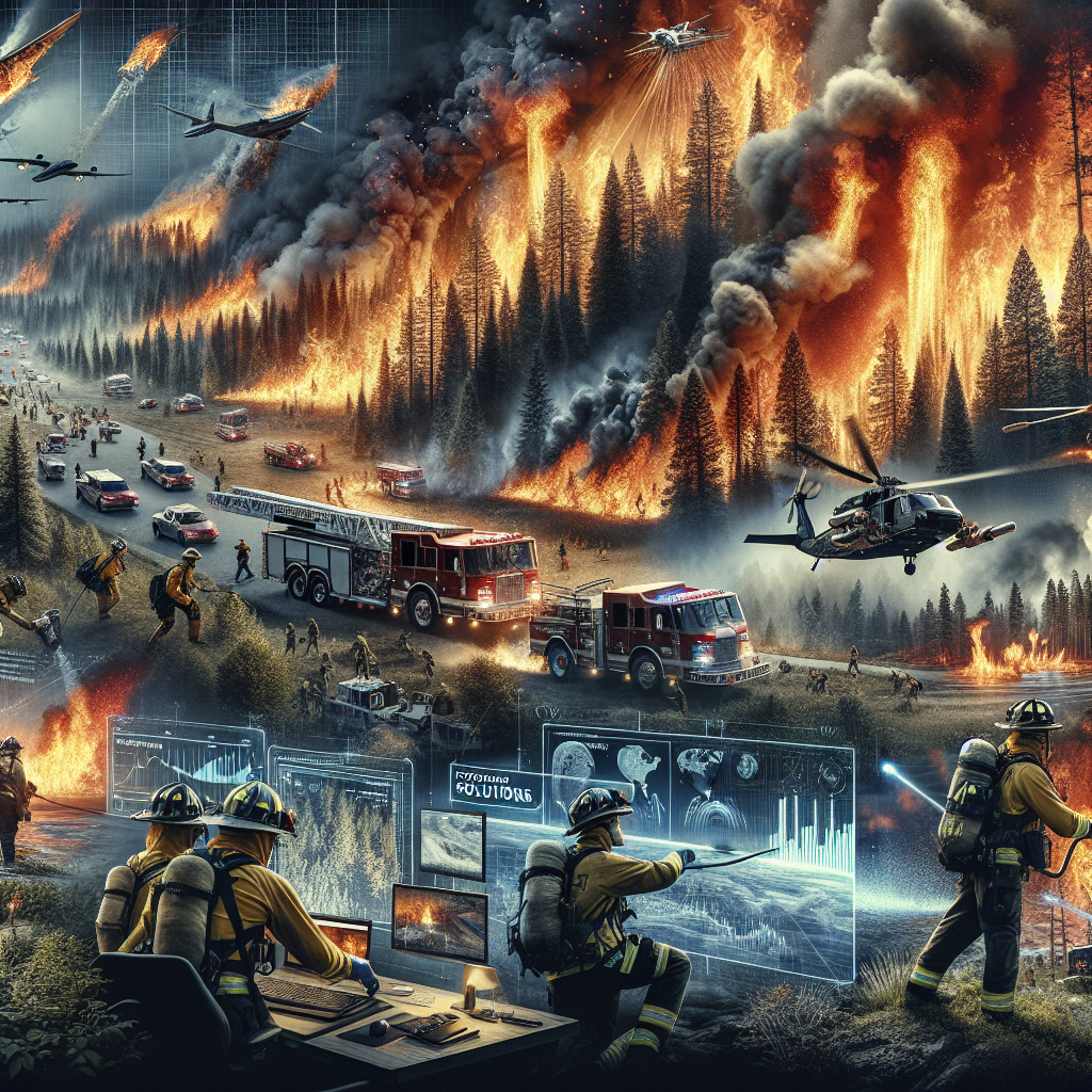 An intense, dramatic portrayal of a wildfire intensely burning through a forest in the United States, with flames leaping high and smoke billowing into the sky. Then, depict firefighters of various descents and genders bravely combating the inferno, their faces resolute, using advanced firefighting vehicles and technology. Also, include dynamic visuals of proposed solutions such as satellite network tracking, forest management, and emergency response teams at work. All the while, ensure the scene conveys a sense of urgency but also the hope that comes with preparedness and knowledge.