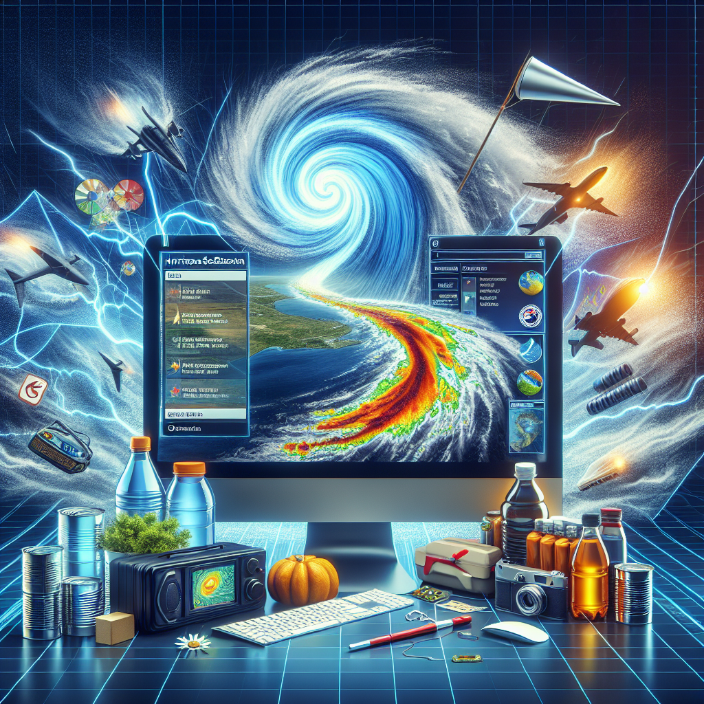 Visualize an imagery dedicated to hurricane preparation during the hurricane season. The dynamic scene includes an illustration of a tropical storm forming in the ocean with swirling winds and torrential rain. In the foreground, a weather map is displayed on a sophisticated computer system that tracks the progression of the storm. An array of essential hurricane kit items such as canned food, bottled water, batteries, a flashlight, a first aid kit, and a weather radio are shown prominently. Finally, the image is completed with a banner at the top that reads 'FEMA Hurricane Season Alerts: Essential Updates & Preparedness Tips'.